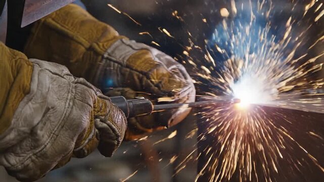 Industrial worker welding metal with sparks flying.