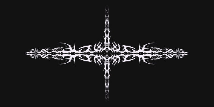 Trendy horizontal cybersigilism cross ornament, gothic neo-tribal tattoo element, sharp thorny symmetrical shapes in Y2K aesthetic, dark vector illustration isolated on black background