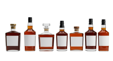 seven premium glass whiskey bottles with amber liquid and blank white labels, aligned precisely on a reflective white surface in a high-key studio environment. concept for branding mockup advertising