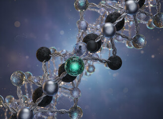 A stunning visual representation of a molecular structure and DNA helix. Featuring a diverse array of atoms with glowing emerald glass, polished chrome, and matte carbon textures.