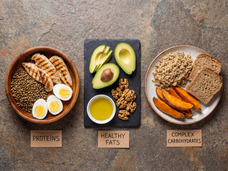 Three plates display a balanced array of protein, healthy fats, and complex carbohydrates.