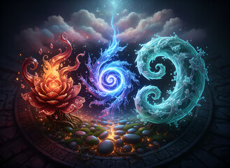 A surreal fantasy visualization representing the core elements: a flaming fire lotus, the dynamic force of swirling water, and a central celestial energy vortex.
