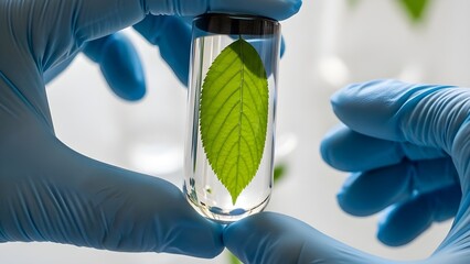 A scientist in blue nitrile gloves holds a glass test tube containing a vibrant green leaf. This represents plant biotechnology, genetic research, and environmental science in a laboratory setting.