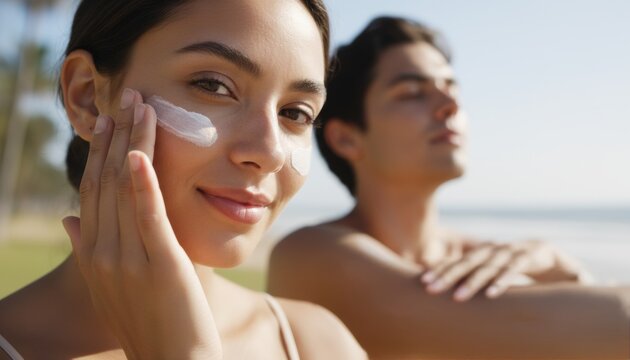 Woman applying sunscreen or sunblock to her cheek while smiling, with a man blurred in background, emphasizing sun protection and skincare on a bright beach day