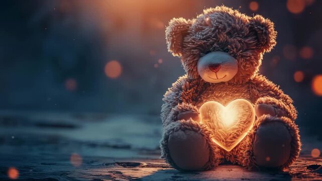 Cute Teddy Bear Holding Glowing Heart at Night