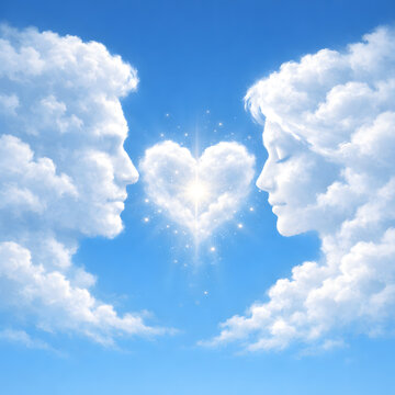 Cloudbound Love. Romantic AI-generated artwork with two cloud-shaped profiles reaching toward each other in a blue sky with a glowing heart, symbolizing eternal love.