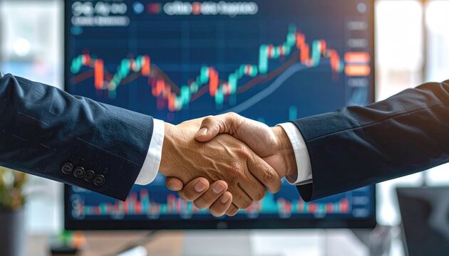 Deal handshake: Symbolizing agreement and collaboration, two hands clasp in a firm handshake against a backdrop of financial graphs, representing business partnerships and investment strategies. 