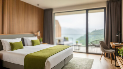 Fototapeta premium Cozy bedroom interior featuring a comfortable bed with green accents, large windows showcasing a serene view, and warm pastel tones creating a tranquil atmosphere