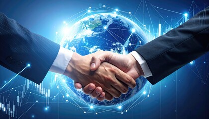 Global Partnership: A close-up shot captures a firm handshake between two figures, symbolizing collaboration and unity, set against the backdrop of a digital representation of Earth.