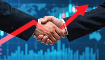 Deal and Growth: Two individuals in suits seal a deal with a firm handshake, a symbol of agreement and partnership, overlaid with a rising arrow to represent growth and success.