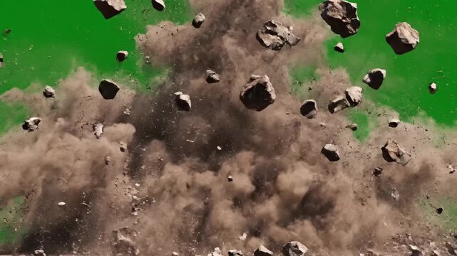 Explosion of rocks and dust on green surface.