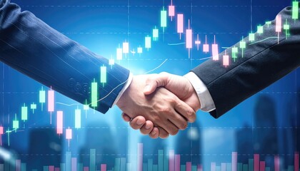 Handshake of Deal and Prosperity: The photo encapsulates the essence of a deal finalized through a handshake, set against a dynamic backdrop of financial data and city lights.