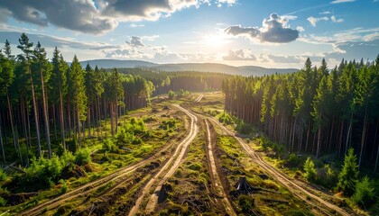 A winding dirt path through a lush forest under a brightly lit sky at sunset