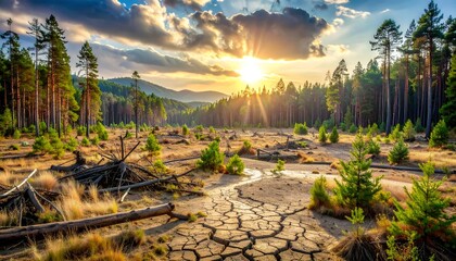 A serene landscape showcasing a sunset over cracked earth and towering pine trees