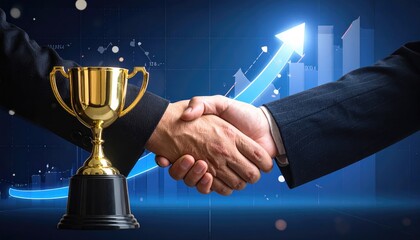 Handshake and Golden Trophy: Depicting a significant business deal or partnership, two individuals clasp hands in a firm handshake. Beside them.
