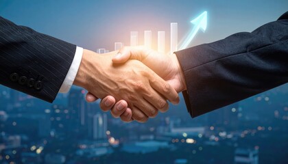 Handshake and Growth: A close-up shot of two hands clasped in a firm handshake, symbolizing a successful partnership, set against a backdrop of financial growth and urban development.