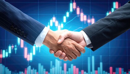Agreement in the Market: Two individuals seal a business deal with a firm handshake, a symbol of trust and collaboration, against the backdrop of a dynamic stock chart.