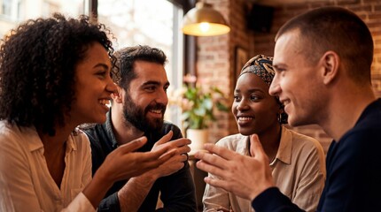 Closeup of mixed ethnicity women and men chatting at cafe table. Diverse group smiling and gesturing during friendly conversation. Social interaction and multicultural friendship concept.