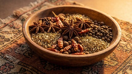Extreme closeup of assorted whole spices in wooden bowl. Dried star anise chilies peppercorns and grains mix on textured surface. Aromatic culinary ingredients for cooking and flavor enhancement.