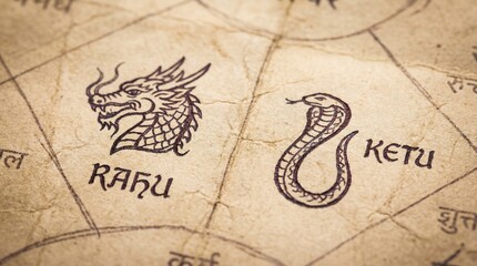 Rahu and Ketu symbols in Vedic astrology. Dragon head depicting Rahu and coiled serpent for Ketu on ancient paper with Sanskrit script. Hindu mythology and lunar nodes concept for karmic and