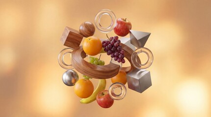 Fruits integrated with geometric shapes in abstract composition. Apples oranges bananas and grapes blend with wooden metallic and transparent cubes pyramids and rings. Modern design concept exploring
