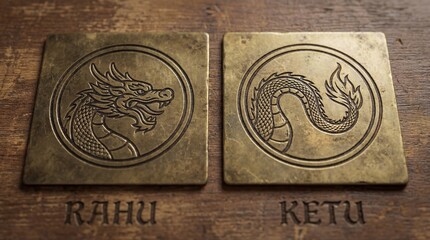 Bronze engraving of rahu dragon and ketu serpent on wooden surface. Hindu mythological figures representing shadow planets. Astrological symbols for eclipse cycles and karmic influences in vedic