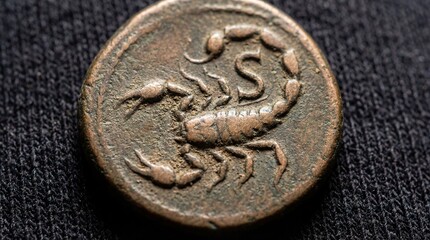 Scorpio zodiac sign engraved on ancient bronze coin. Astrology symbol of scorpion in detailed relief. Horoscope constellation concept for zodiac and mystical symbolism.