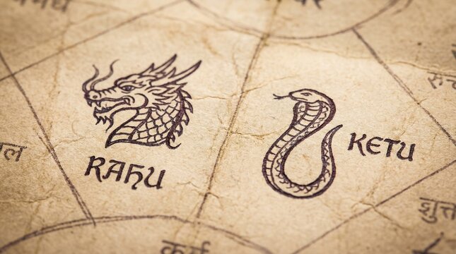 Rahu and Ketu symbols in Vedic astrology. Dragon head depicting Rahu and coiled serpent for Ketu on ancient paper with Sanskrit script. Hindu mythology and lunar nodes concept for karmic and