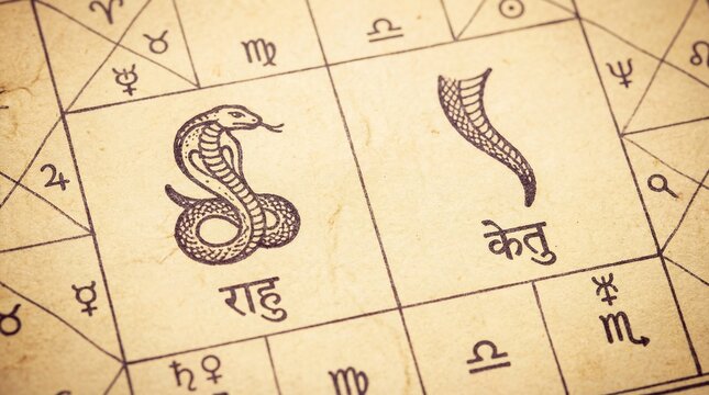 Ancient Vedic astrology chart depicting Rahu as cobra snake and Ketu as snake tail. Hindu shadow planets in mythological illustration with zodiac symbols on aged paper background. Indian divination