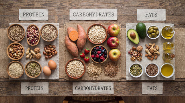Overhead shot displaying various food groups categorized as protein, carbohydrates, and fats.