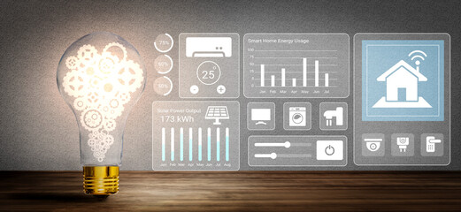Innovative light bulb design with gears symbolizes smart home energy management. Data visualization showcases energy usage analytics for sustainable living solutions. Gantry