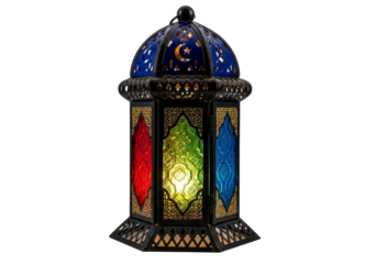 colorful islamic lantern with stained glass panels for ramadan and eid decor