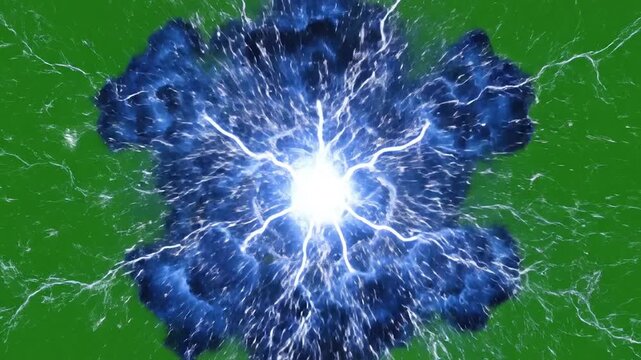 Electric explosion with blue and white lightning on green background.