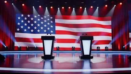 Empty Podium on Stage Before American Flag Backdrop, Political Event