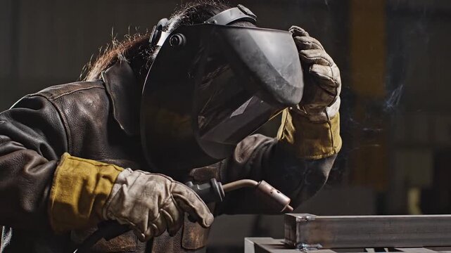 Welding worker in protective gear working on metal fabrication.
