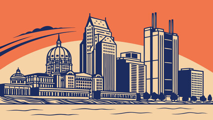 Detroit skyline captures buildings and skyscrapers in blue silhouette, ideal for urbanthemed designs, promotional materials, or travelrelated content.