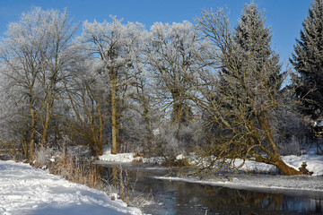 Łyna River during a frosty winter, Poland