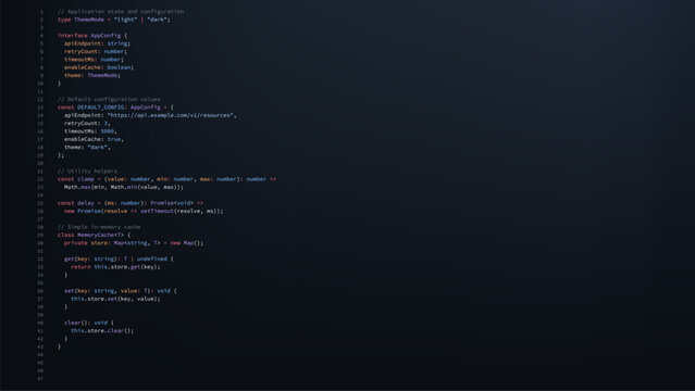 Lines of computer code on a dark screen. Programming language for web development, software, and application projects.