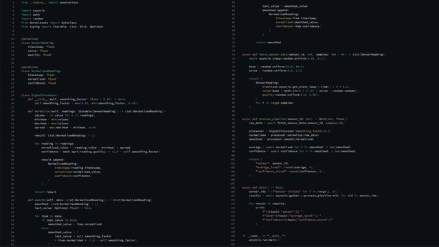 Python code displaying sensor data processing and signal smoothing on a dark screen vector for software development