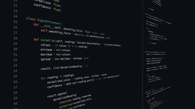 Code screen vector with programming language for IT development and data analysis. Concept of computing and computer science.