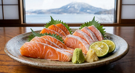 阿寒湖の絶景を望む窓辺で楽しむヒメマスのルイベと刺身