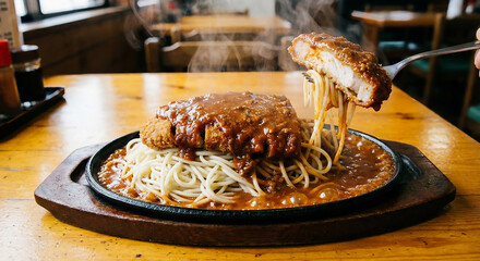 鉄板で熱々湯気立つ釧路名物スパカツをフォークで持ち上げる瞬間