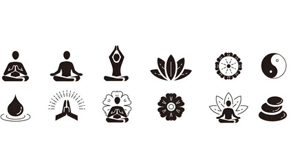 Yoga and Zen Meditation Icon Set: Minimalist Black Silhouette Symbols for Wellness, Mindfulness, and Spiritual Health