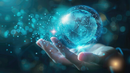 futuristic technology concept, human and artificial intelligence collaboration, transparent holographic interface floating between human hand and digital AI core.	