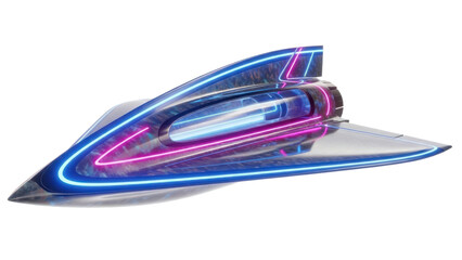 Futuristic spaceship with neon lights isolated on transparent background