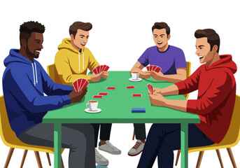 Obraz premium four diverse young men (mid-20s) in colorful streetwear playing cards at a green table in a minimalist, flat vector cafe setting. concept of shared leisure time and social bonding