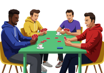 four diverse young men (mid-20s) in colorful streetwear playing cards at a green table in a minimalist, flat vector cafe setting. concept of shared leisure time and social bonding