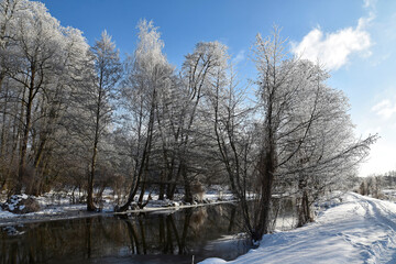 Łyna River during a frosty winter, Poland