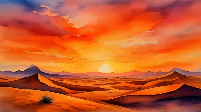 Sunset desert landscape with golden dunes and dramatic sky in ambient nature motion scene. Seamless looping time-lapse animation video background