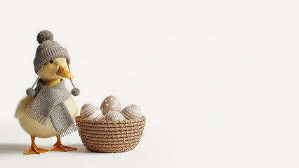 Cute duckling in cozy outfit looking at Easter eggs with cheerful vibes against a minimalistic background with copy space